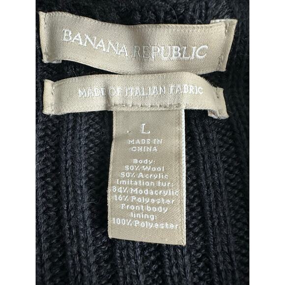 Banana Republic Size Large Black Wool Faux Fur Cardigan Sweater Winter Collared - Picture 10 of 11
